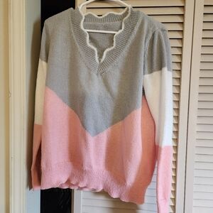 Elegant V-Neck Sweater - Pink, Gray, and White